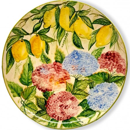 Piatto da muro Ortensie e Limoni 40 x 40 x 2 cm.